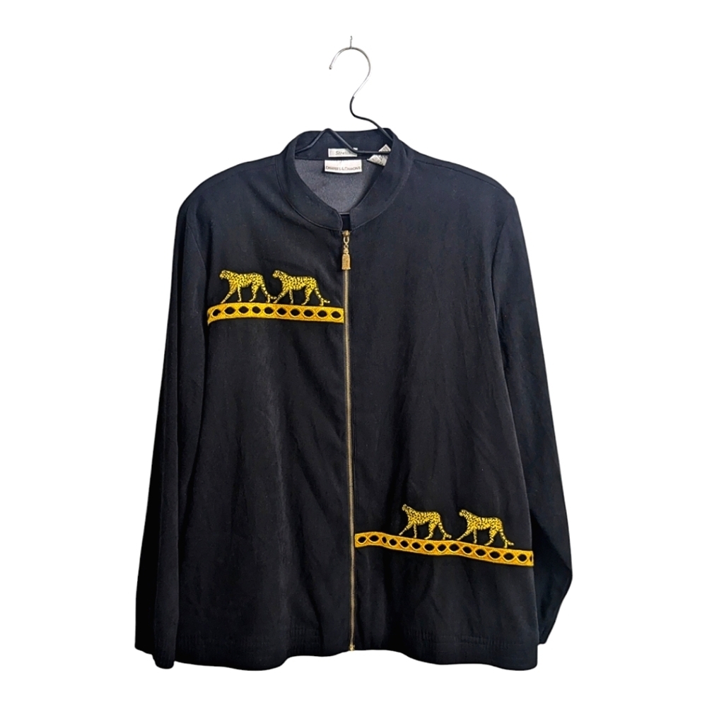 Draper's & Damon's Woman Black Full Zip Jacket Golden Cheetah Embroidery XL